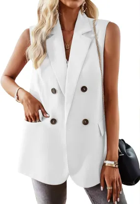 2025 Women's Spring Sleeveless Long Vest Blazer Lightweight Casual Double-Breasted Work Office Jacket With Pockets