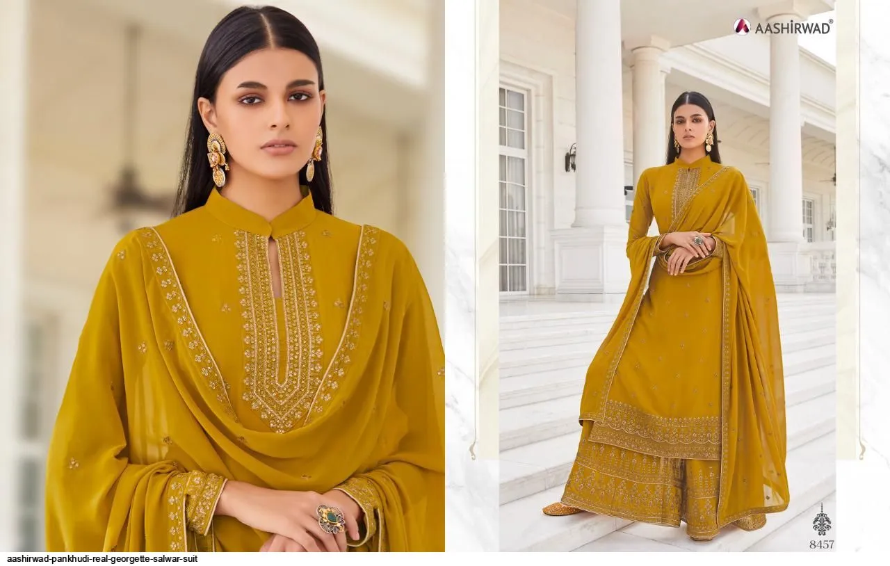 AASHIRWAD PANKHUDI PURE GEORGETTE SUITS SERIES 8453 To 8457