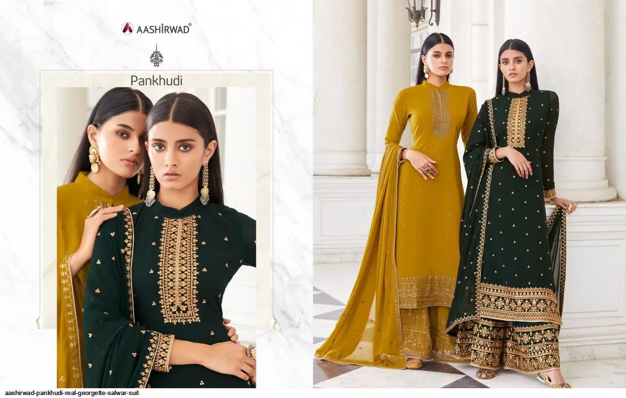 AASHIRWAD PANKHUDI PURE GEORGETTE SUITS SERIES 8453 To 8457