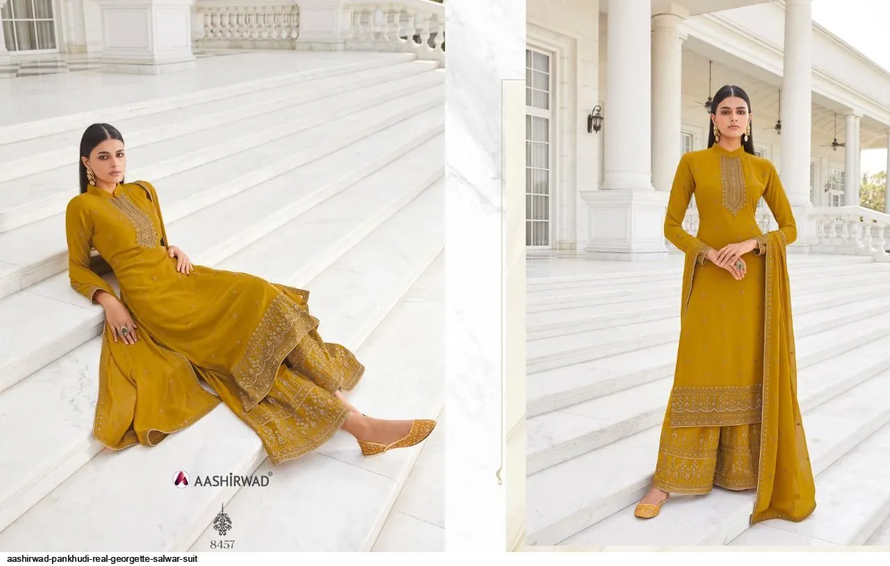 AASHIRWAD PANKHUDI PURE GEORGETTE SUITS SERIES 8453 To 8457