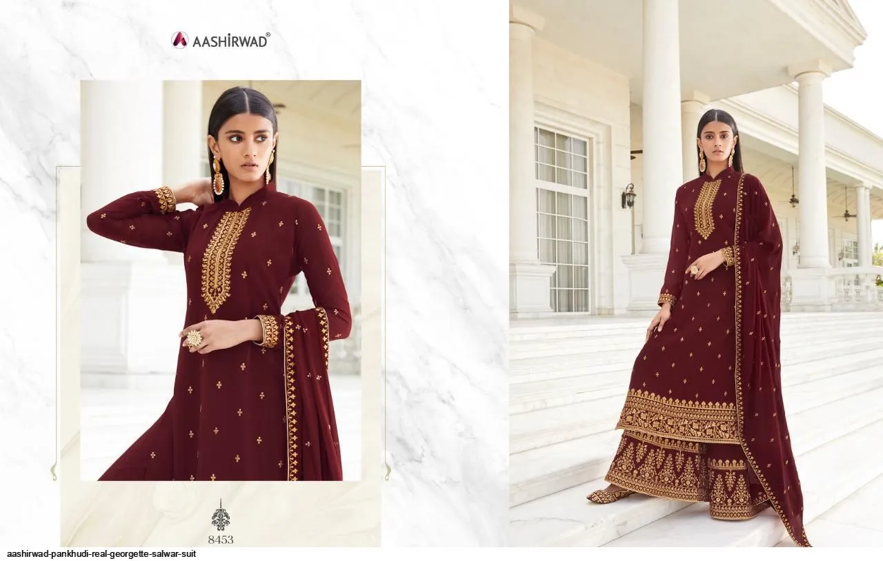 AASHIRWAD PANKHUDI PURE GEORGETTE SUITS SERIES 8453 To 8457