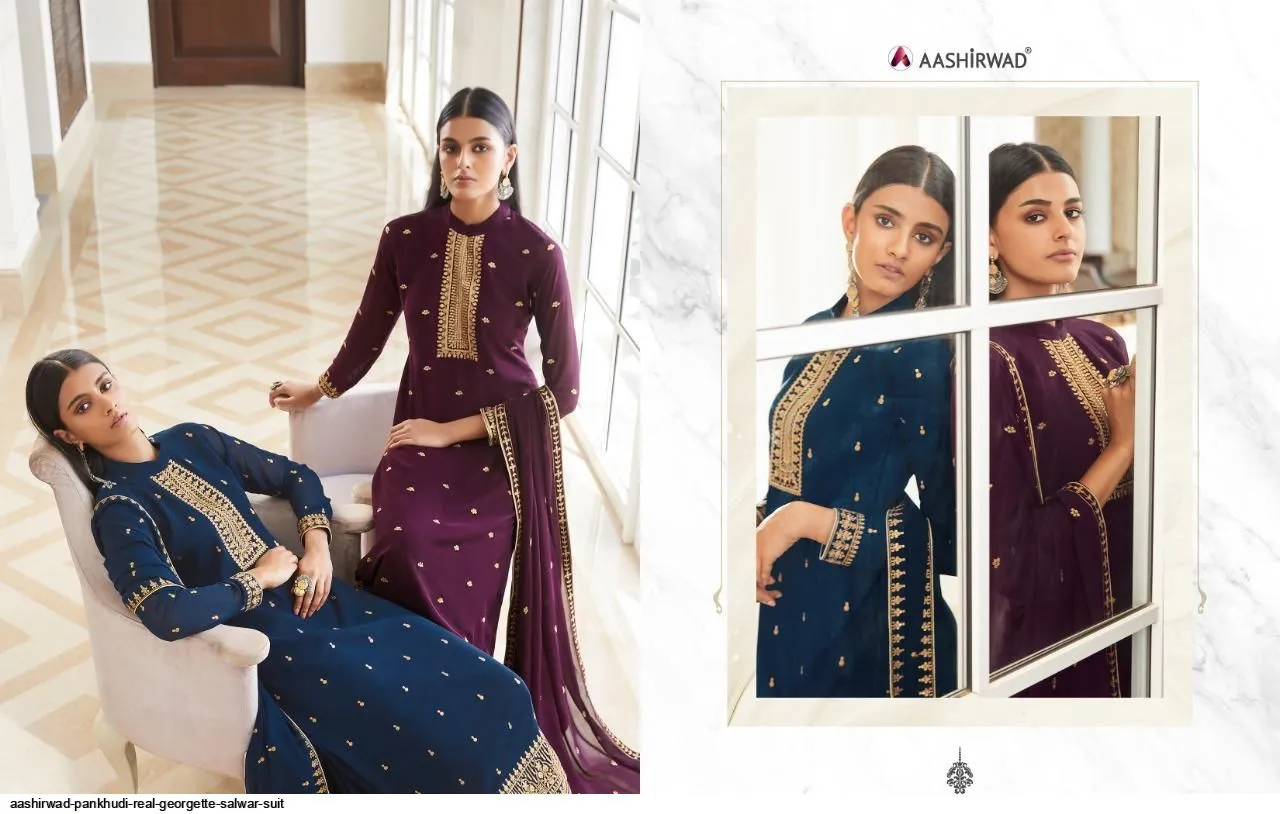 AASHIRWAD PANKHUDI PURE GEORGETTE SUITS SERIES 8453 To 8457