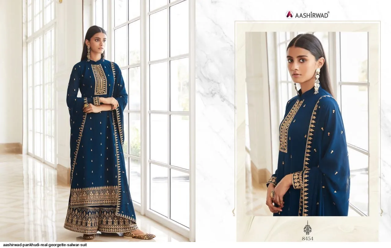 AASHIRWAD PANKHUDI PURE GEORGETTE SUITS SERIES 8453 To 8457