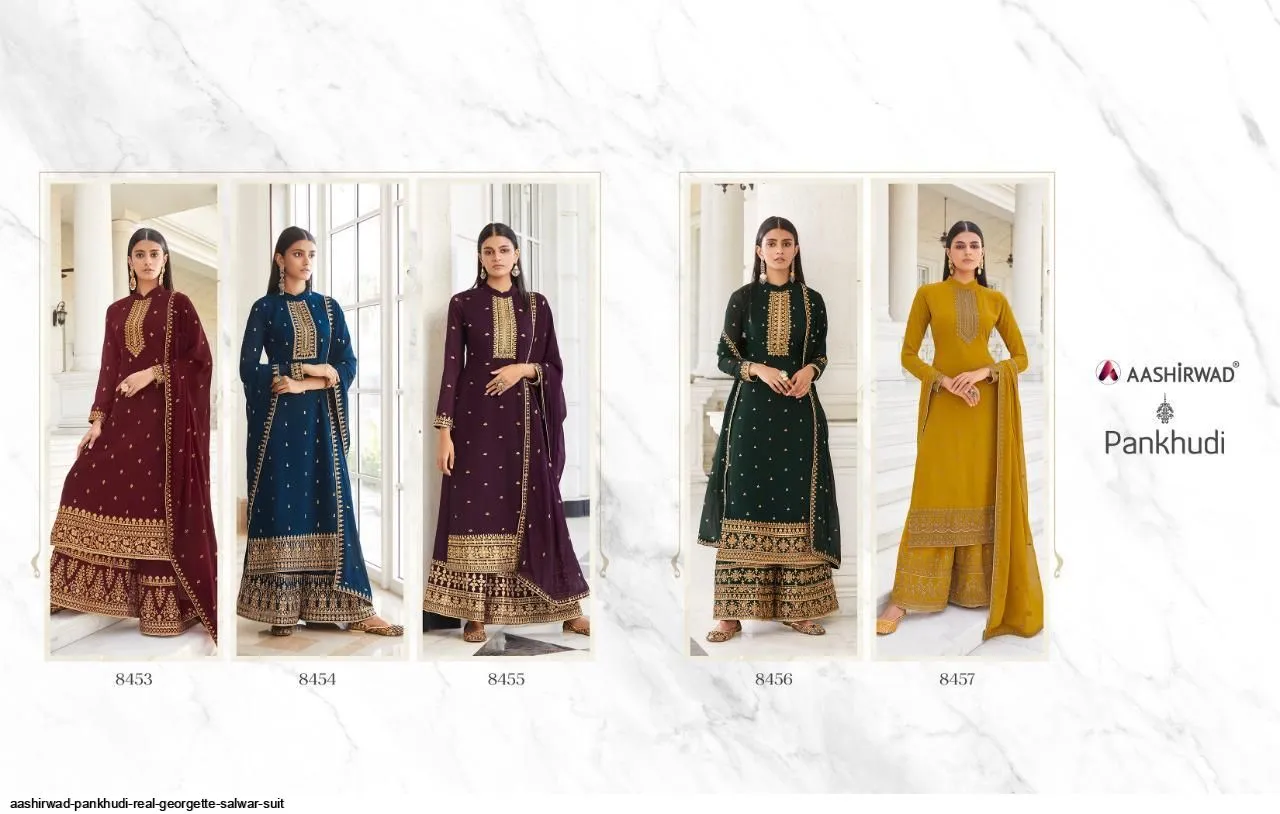 AASHIRWAD PANKHUDI PURE GEORGETTE SUITS SERIES 8453 To 8457