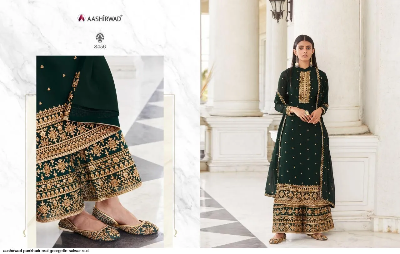 AASHIRWAD PANKHUDI PURE GEORGETTE SUITS SERIES 8453 To 8457