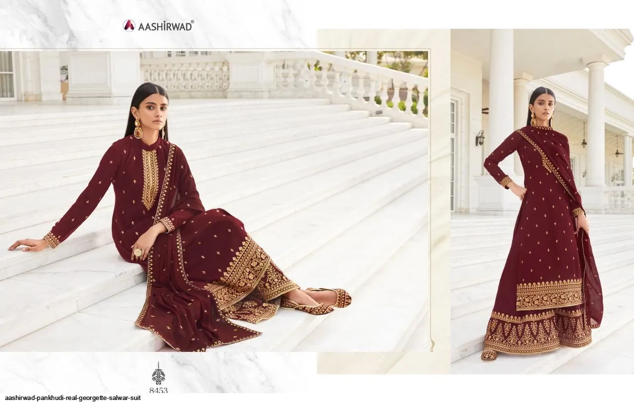 AASHIRWAD PANKHUDI PURE GEORGETTE SUITS SERIES 8453 To 8457