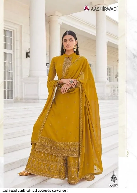 AASHIRWAD PANKHUDI PURE GEORGETTE SUITS SERIES 8453 To 8457