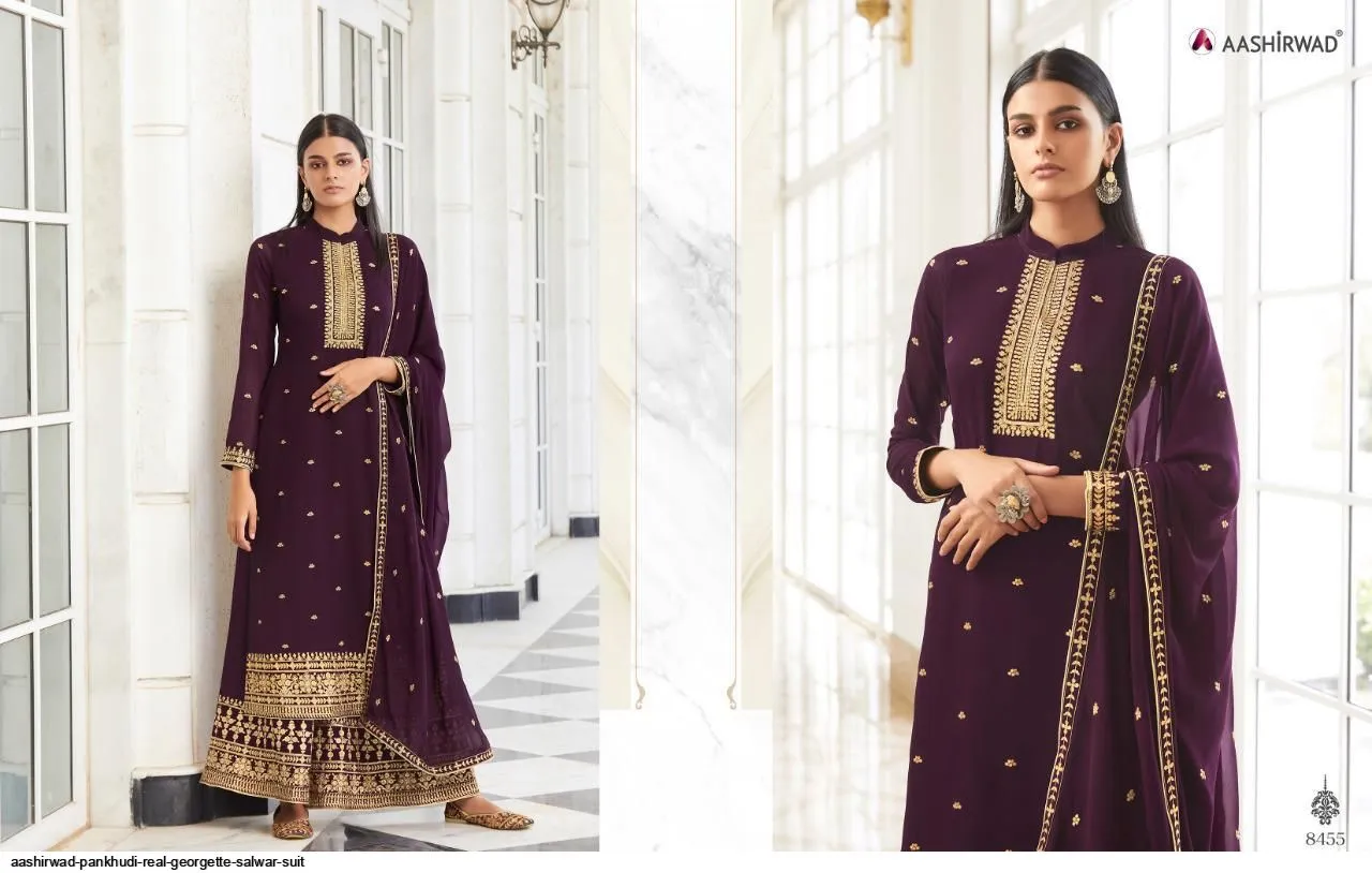 AASHIRWAD PANKHUDI PURE GEORGETTE SUITS SERIES 8453 To 8457