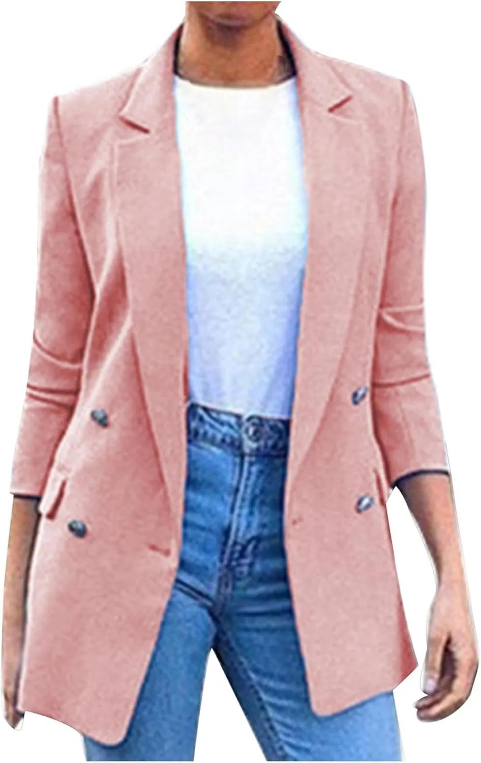 Akklian Women's Blazer Twill Office Jackets Plus Size Fitted Lapel Blazers Double Breasted 3/4 Sleeve Lightweight Suit Jacket