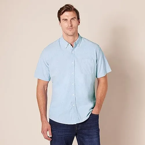 Amazon Essentials Men's Regular-Fit Short-Sleeve Pocket Oxford Shirt, Blue, X-Small