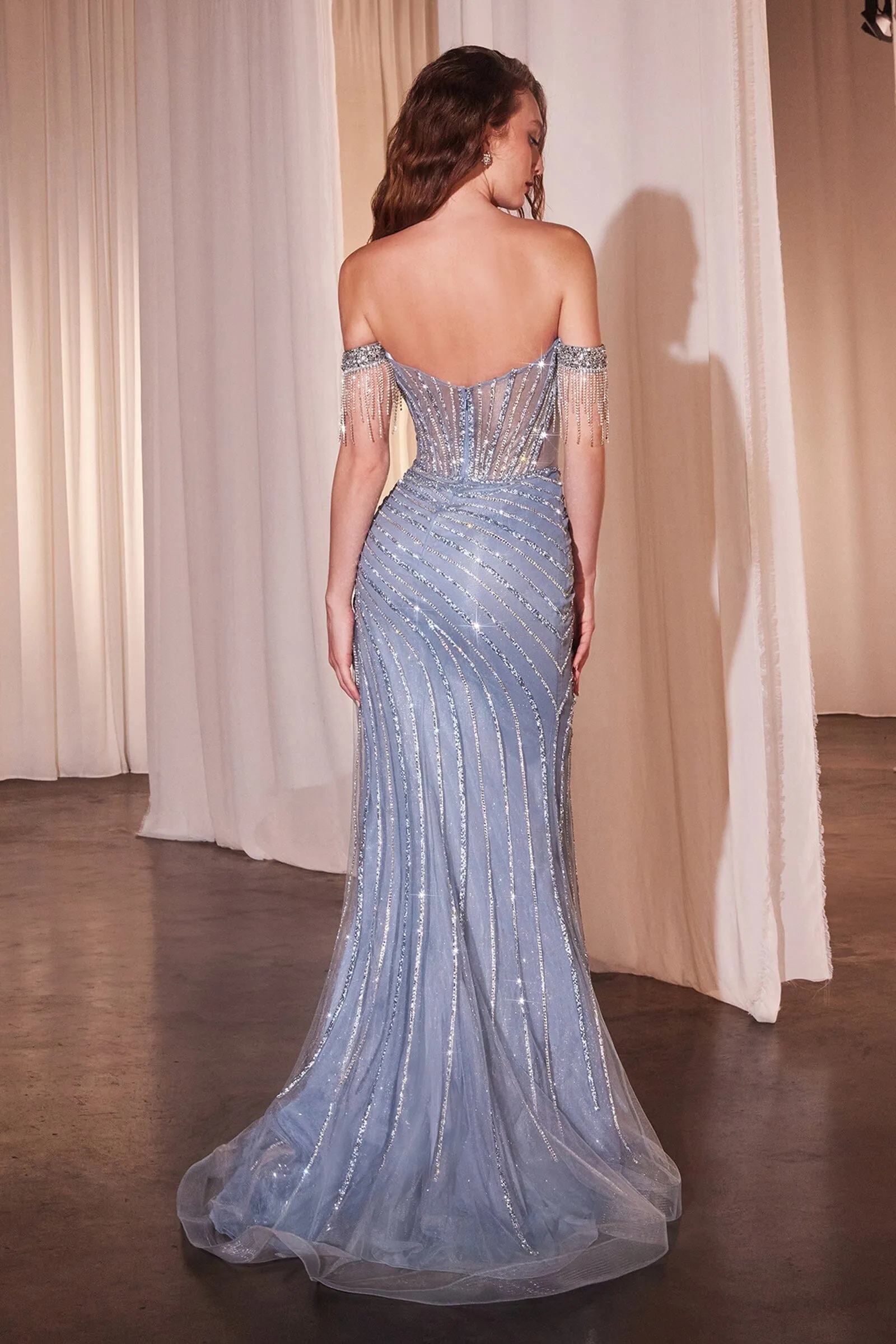 Beaded Off Shoulder Tulle Slit Gown by Ladivine CD848 - Outlet