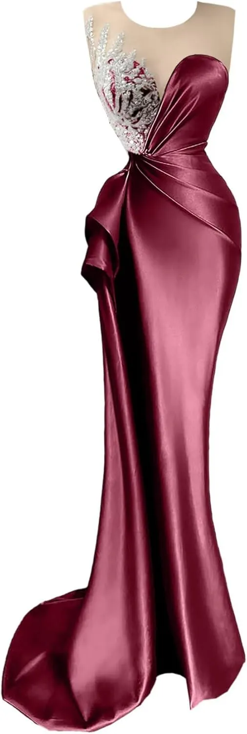 Beaded Prom Dresses for Women Deep V-Neck Mermaid Formal Dress with Slit Sexy Evening Gowns DR0344