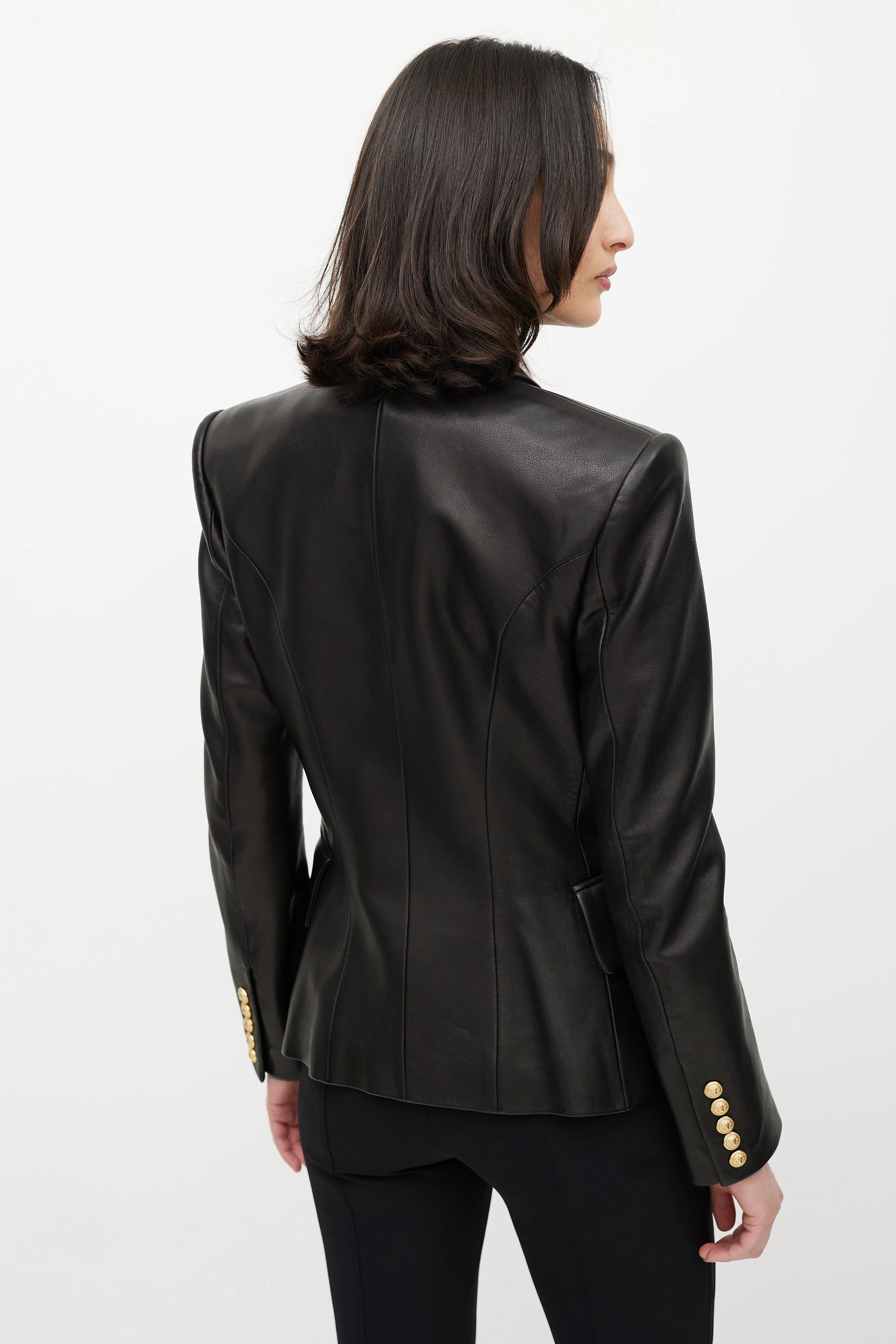 Black & Gold Leather Double Breasted Blazer