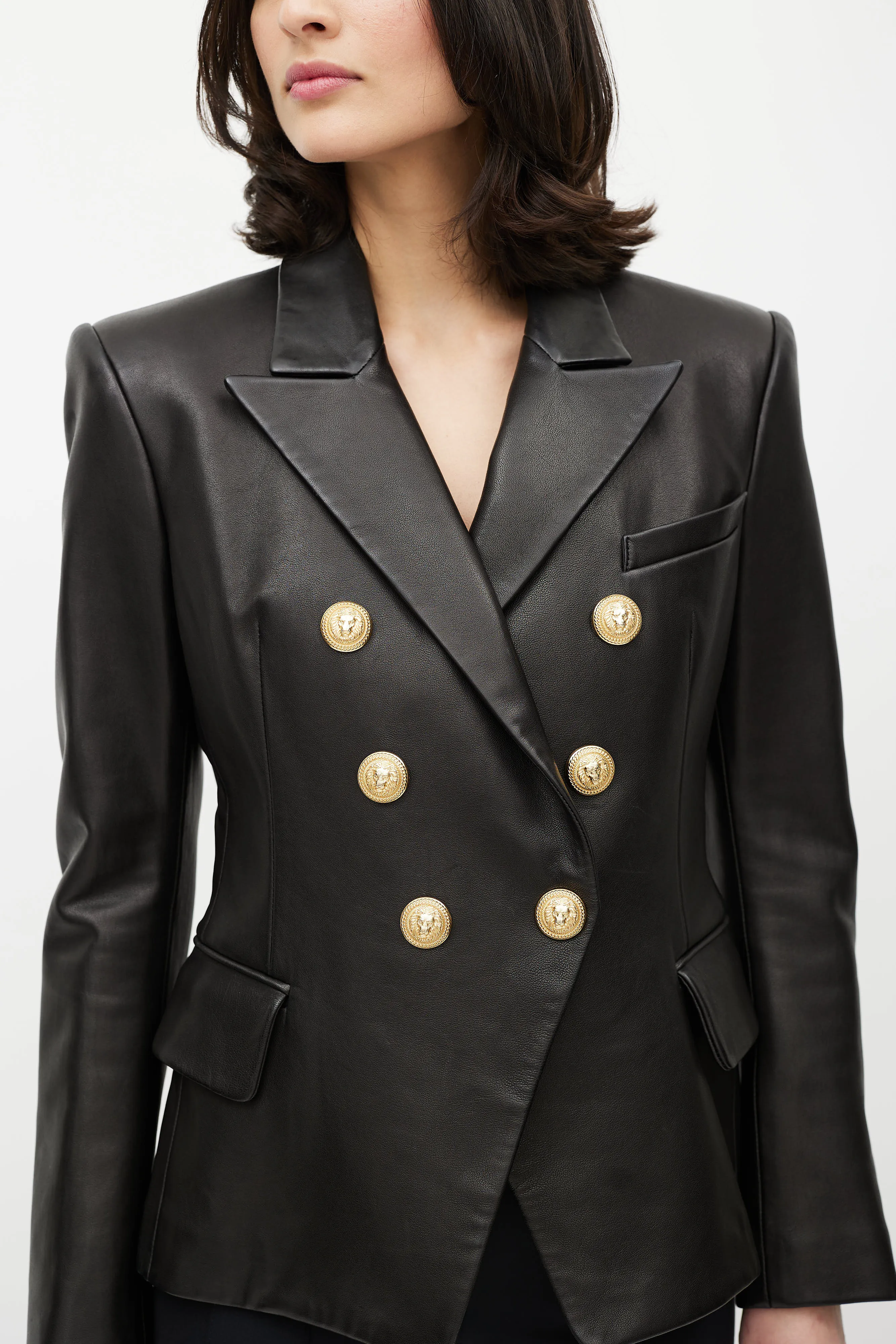 Black & Gold Leather Double Breasted Blazer