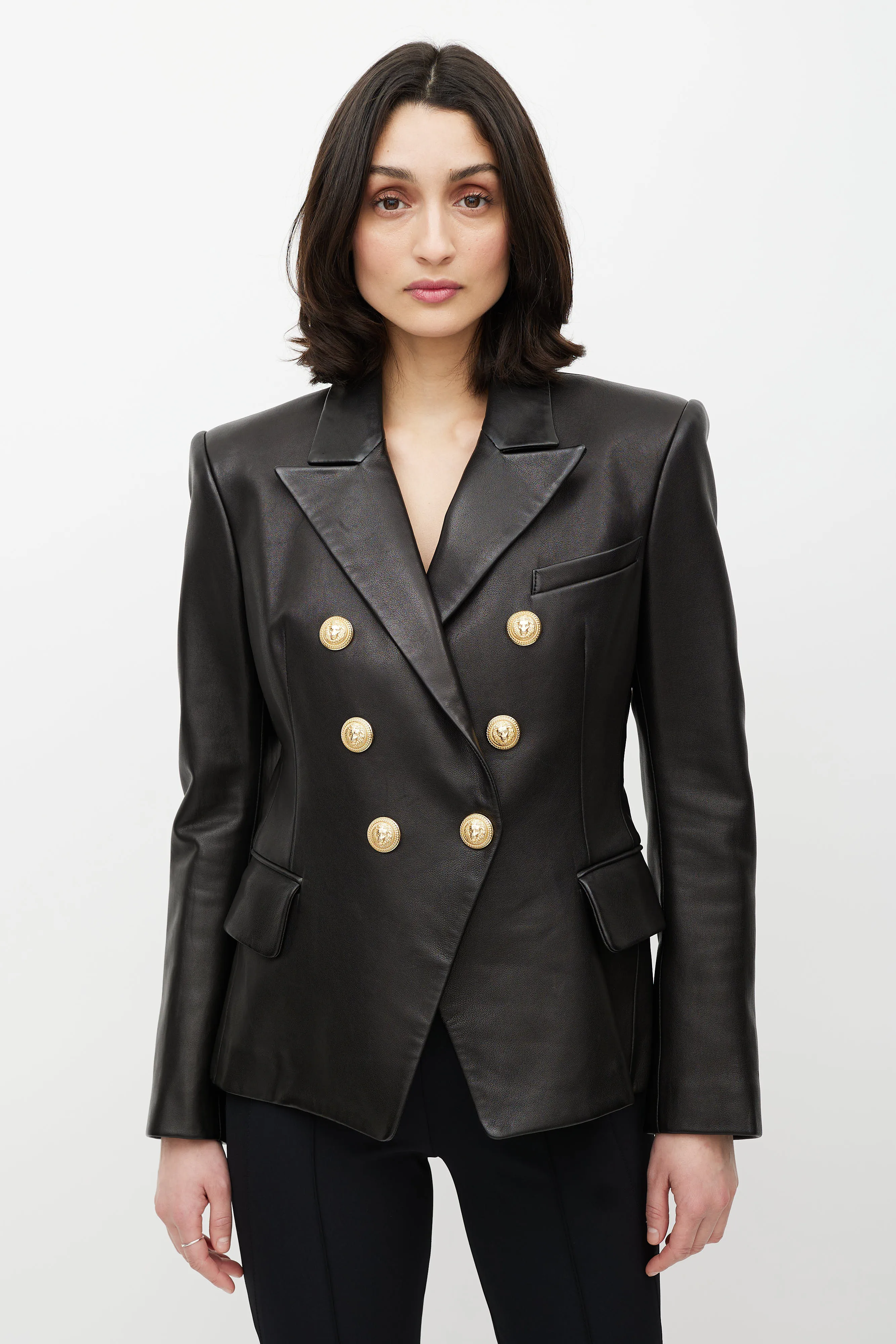 Black & Gold Leather Double Breasted Blazer