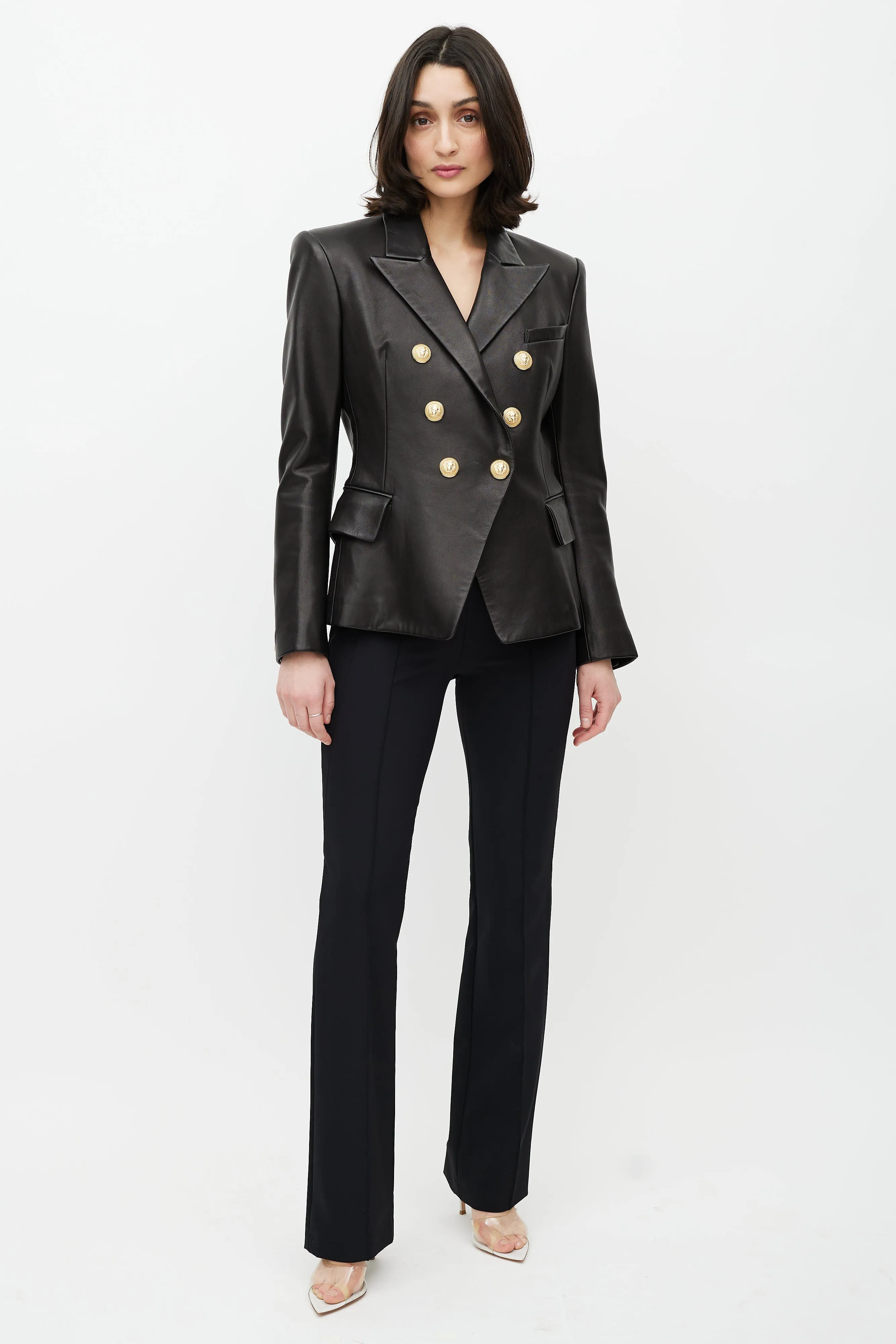 Black & Gold Leather Double Breasted Blazer