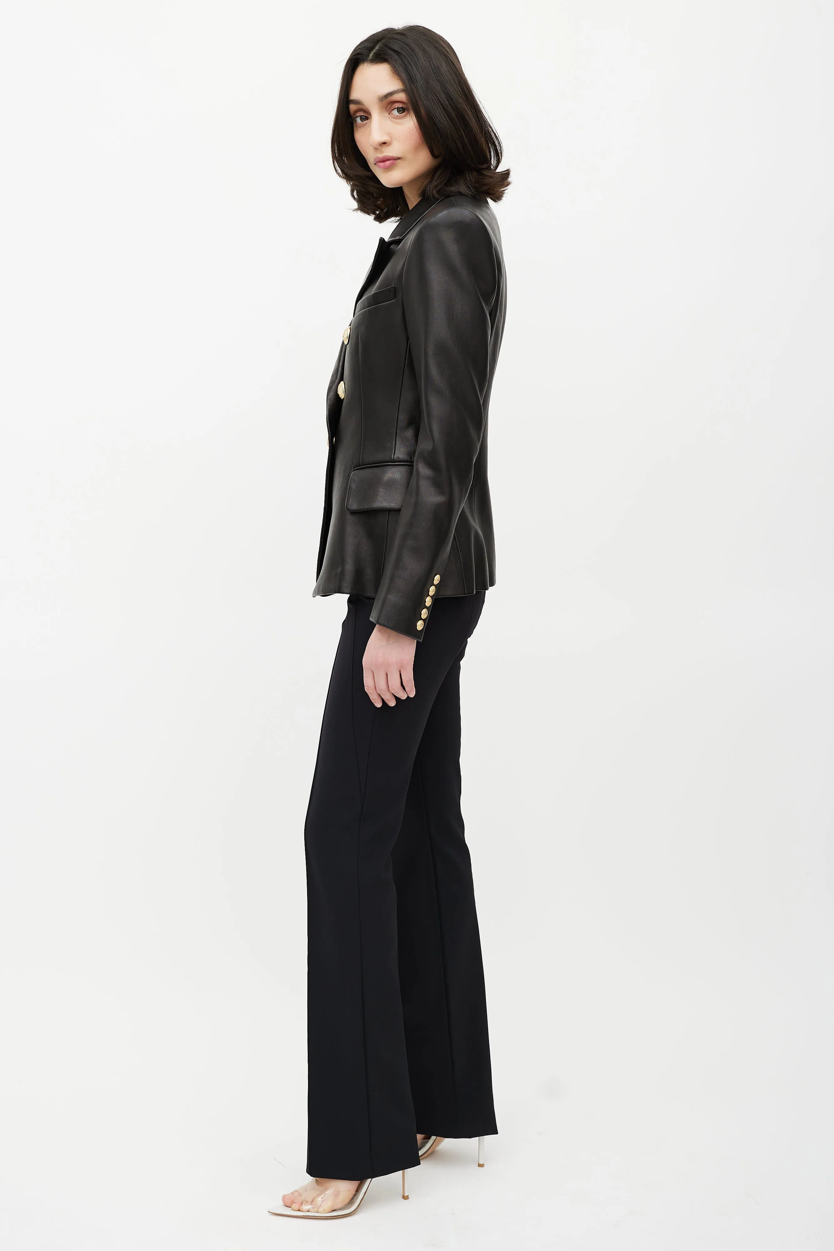 Black & Gold Leather Double Breasted Blazer