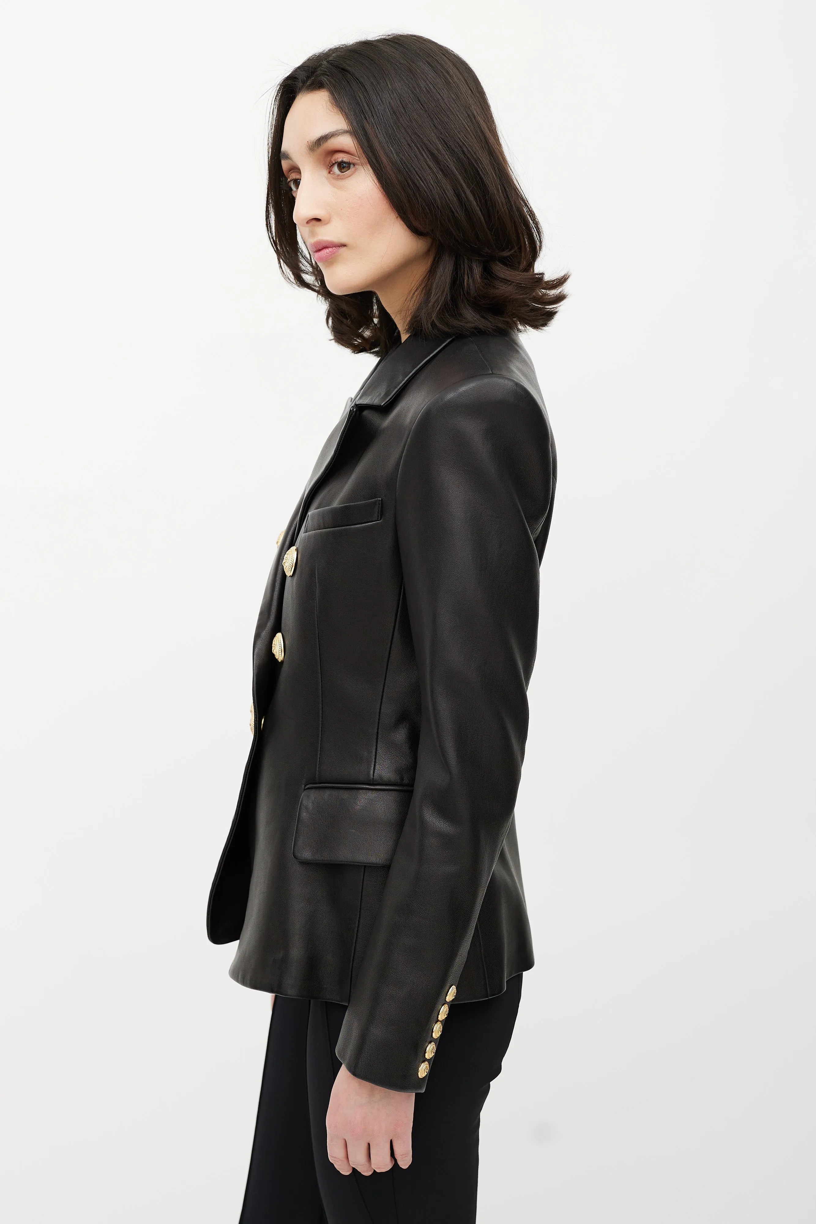 Black & Gold Leather Double Breasted Blazer