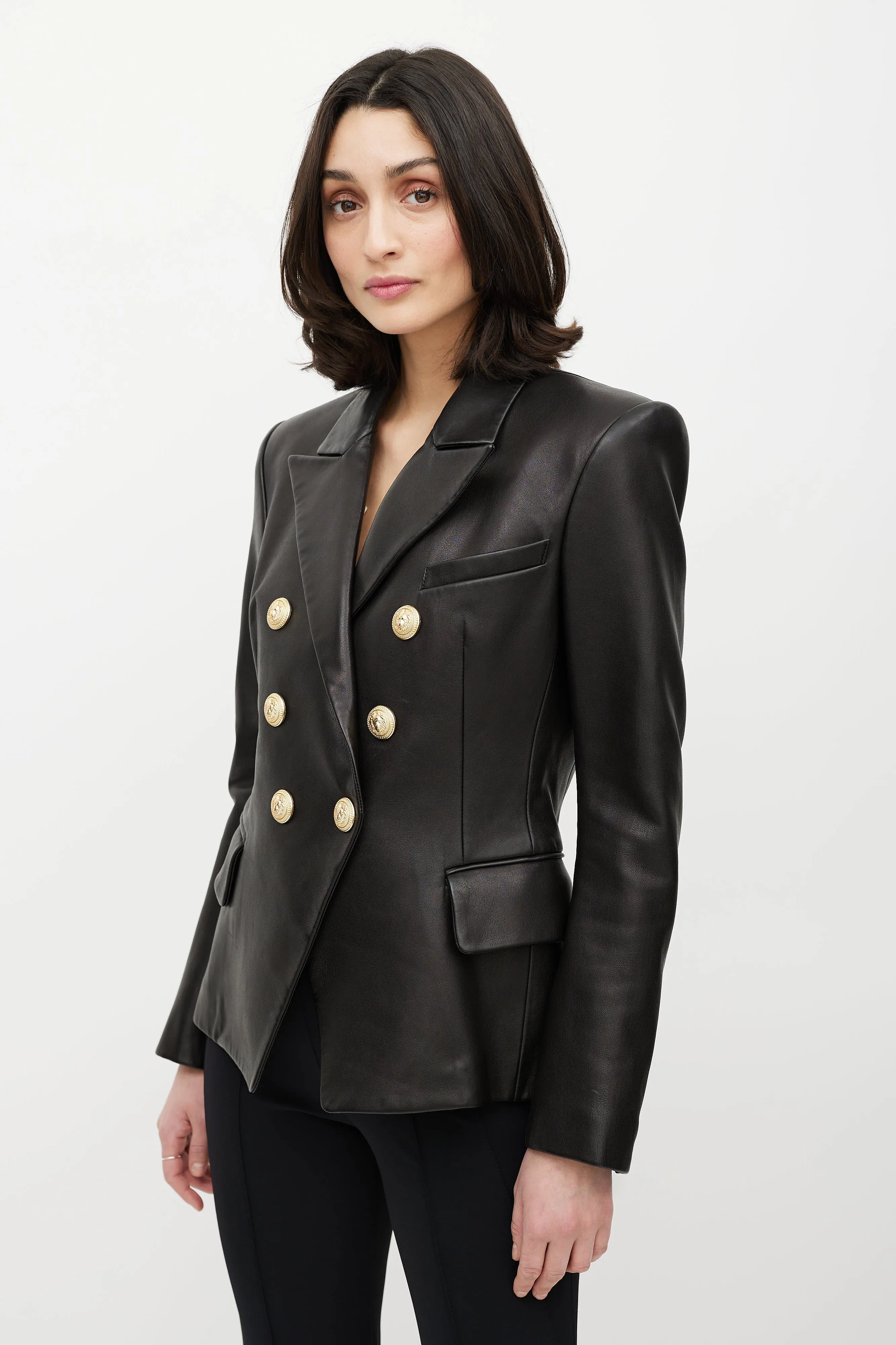 Black & Gold Leather Double Breasted Blazer