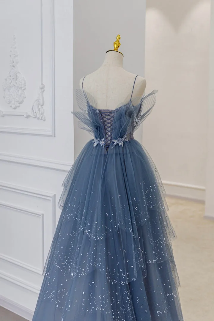 Blue Tulle Layers Straps Beaded Long Prom Dresses A-Line Evening Dresses Sparkly