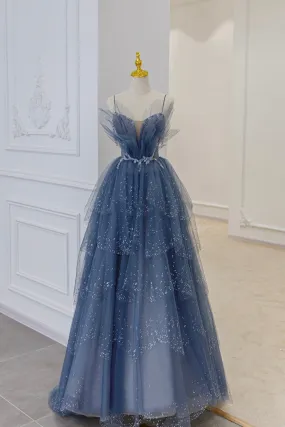 Blue Tulle Layers Straps Beaded Long Prom Dresses A-Line Evening Dresses Sparkly