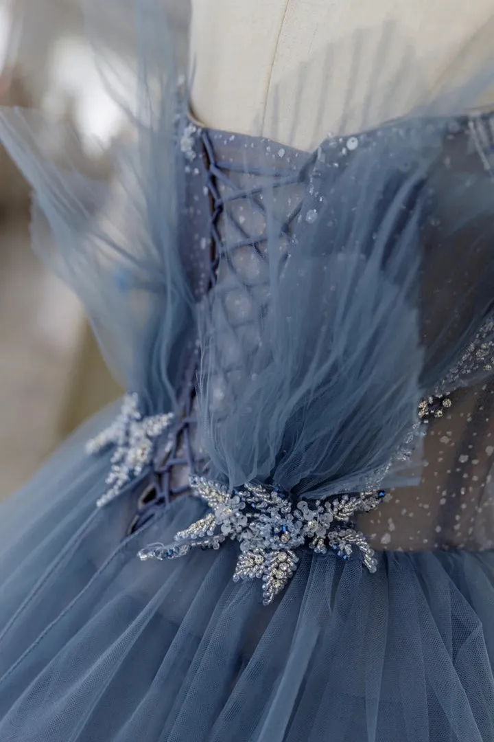 Blue Tulle Layers Straps Beaded Long Prom Dresses A-Line Evening Dresses Sparkly