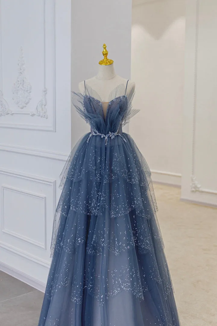 Blue Tulle Layers Straps Beaded Long Prom Dresses A-Line Evening Dresses Sparkly