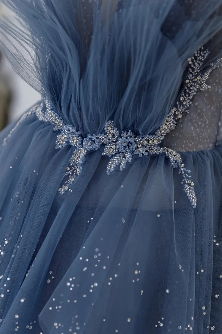 Blue Tulle Layers Straps Beaded Long Prom Dresses A-Line Evening Dresses Sparkly