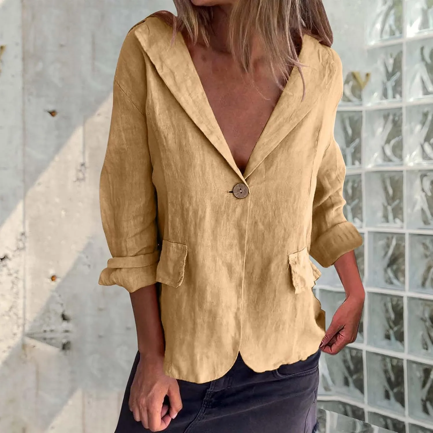 Cotton Linen Blazers for Women Fall Notch Collar Business Suit Jackets Long Sleeve Button Front Lightweight Blazer