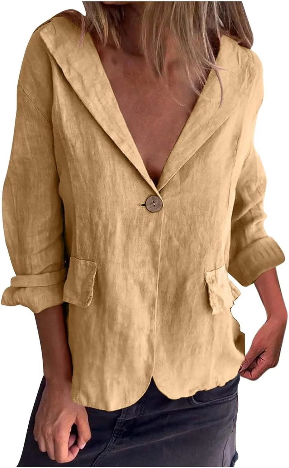 Cotton Linen Blazers for Women Fall Notch Collar Business Suit Jackets Long Sleeve Button Front Lightweight Blazer