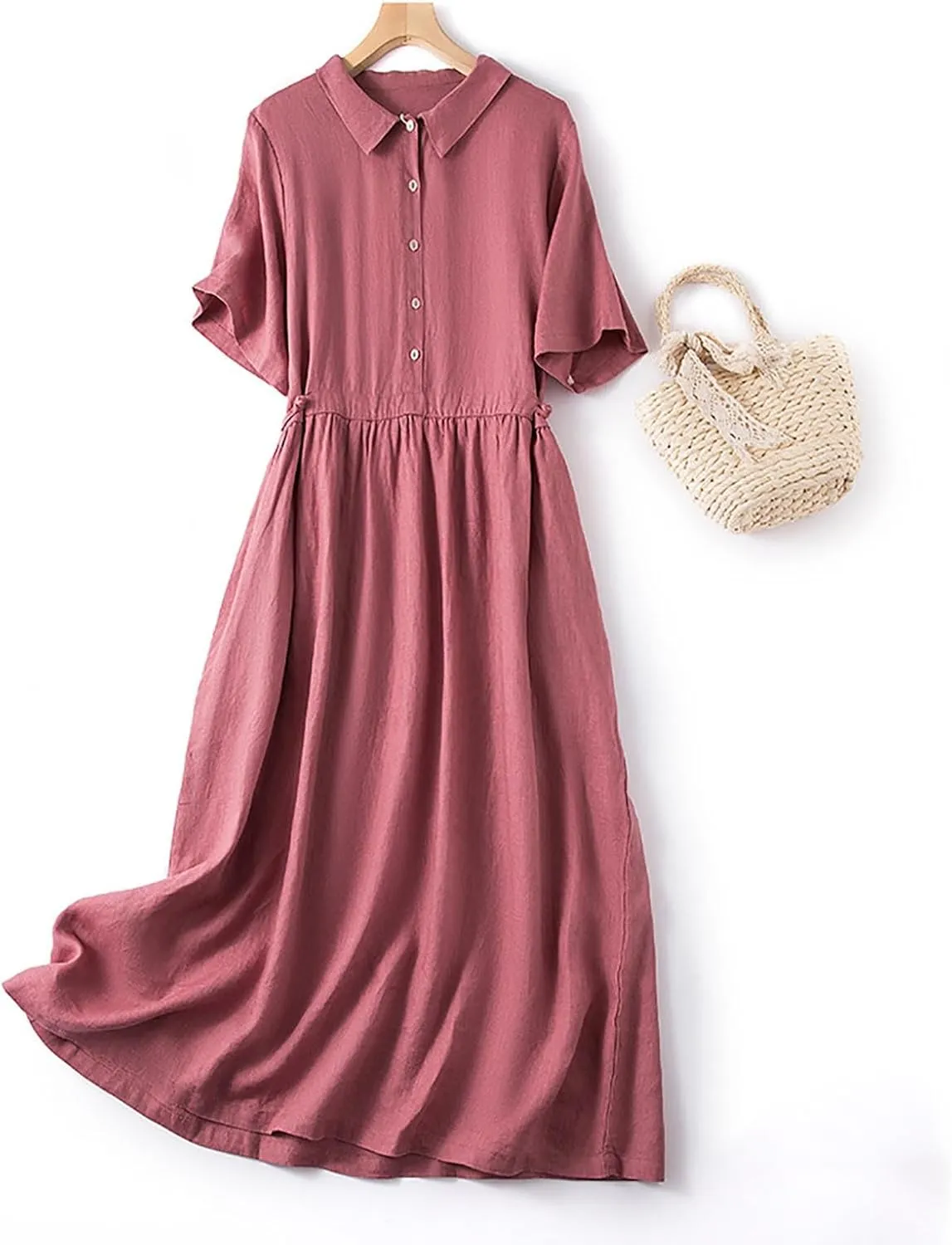 Cotton Linen Maxi Dresses for Women Summer Fashion Lapel Short Sleeve High Waist Beach Button Shirt Dress