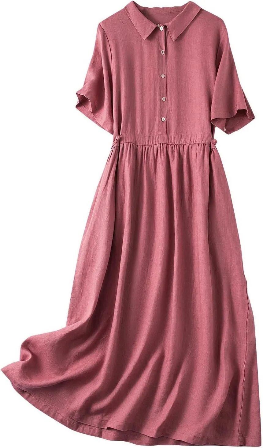 Cotton Linen Maxi Dresses for Women Summer Fashion Lapel Short Sleeve High Waist Beach Button Shirt Dress