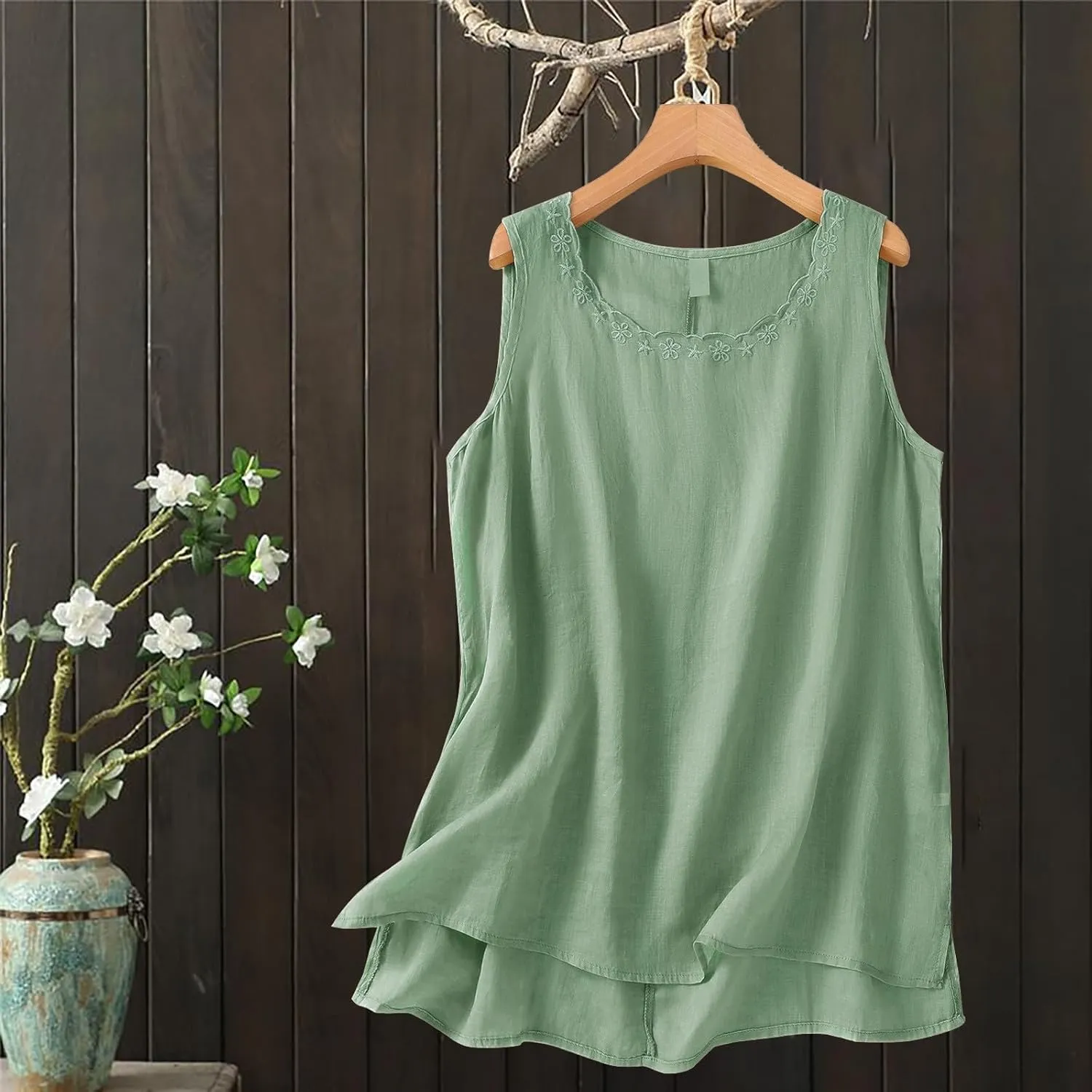 Cotton Linen Tank Tops for Womens Summer Sleeveless Crewneck Vest Casual Solid Color Loose Basic Crop Blouse Shirt