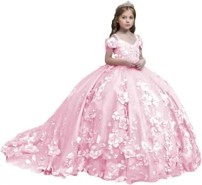 Flower Girl Dresses Off Shoulder Kids Princess Pageant Dress Ball Gown for Girls 3D Floral First Communion Dresses