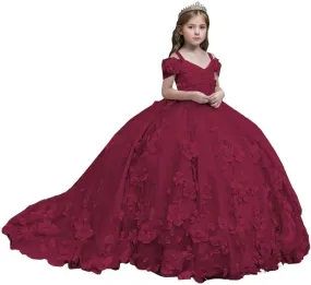 Flower Girl Dresses Off Shoulder Kids Princess Pageant Dress Ball Gown for Girls 3D Floral First Communion Dresses