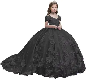Flower Girl Dresses Off Shoulder Kids Princess Pageant Dress Ball Gown for Girls 3D Floral First Communion Dresses