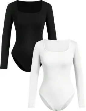 Girl's 2 Pack Long Sleeve T Shirt Bodysuit Square Neck Slim Fit Leotard Romper Jumpsuit Fall Tops