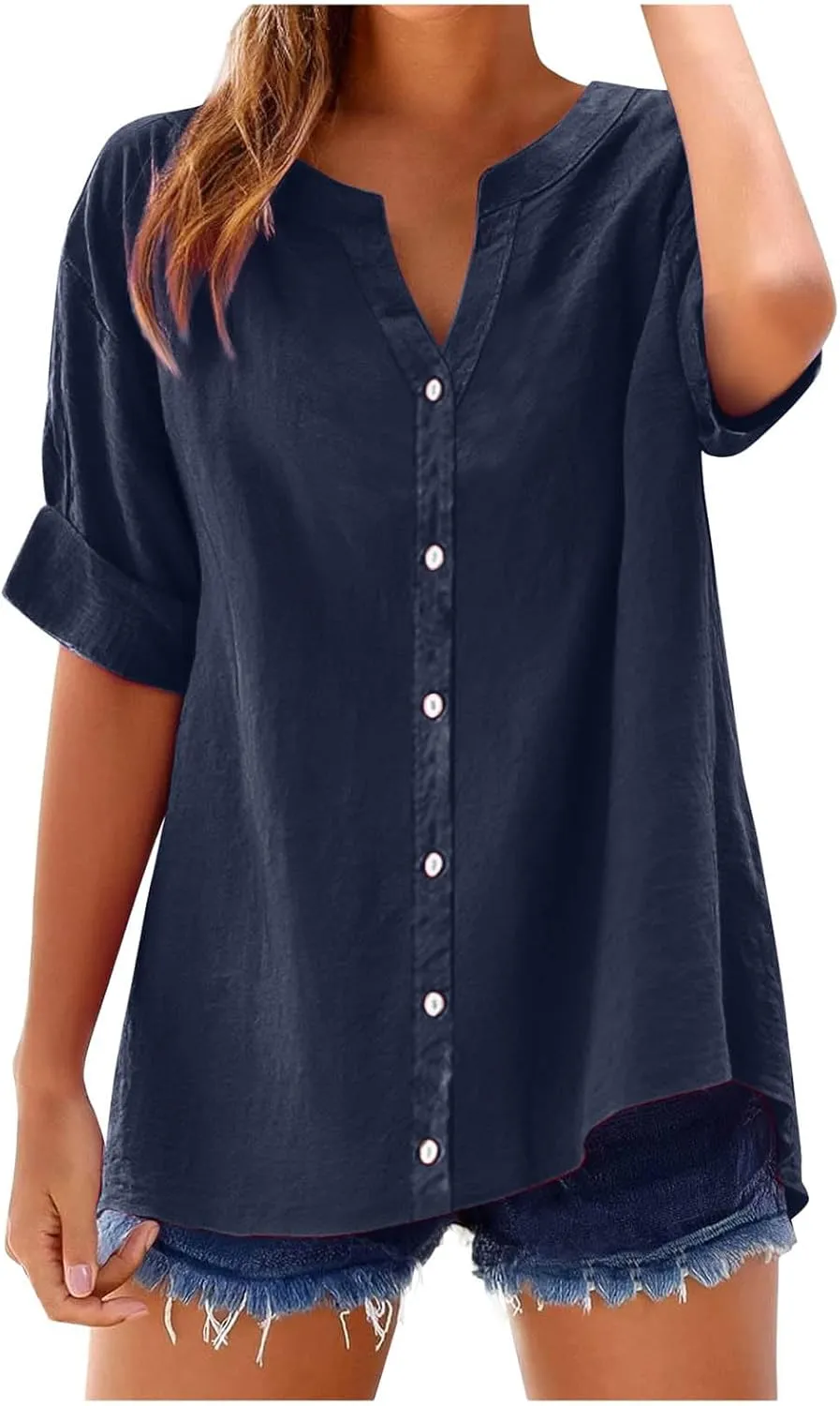 Linen Shirts for Women Button Down Shirts Short Sleeve Cotton Collared V Neck Solid Casual Blouses with Pocket