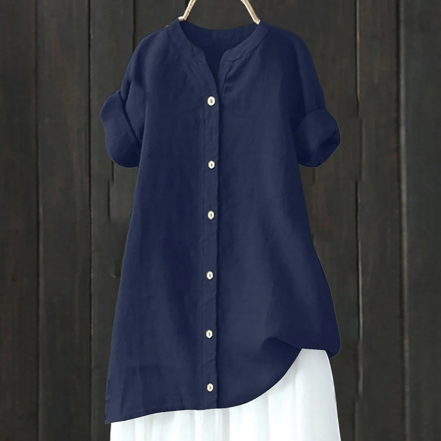Linen Shirts for Women Button Down Shirts Short Sleeve Cotton Collared V Neck Solid Casual Blouses with Pocket