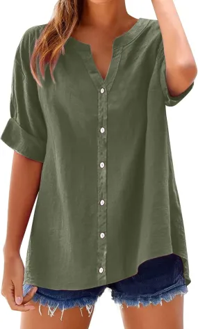 Linen Shirts for Women Summer Button Down Shirts Short Sleeve Oversized Boyfriend Solid Tunic Tops Casual Dressy Tunics