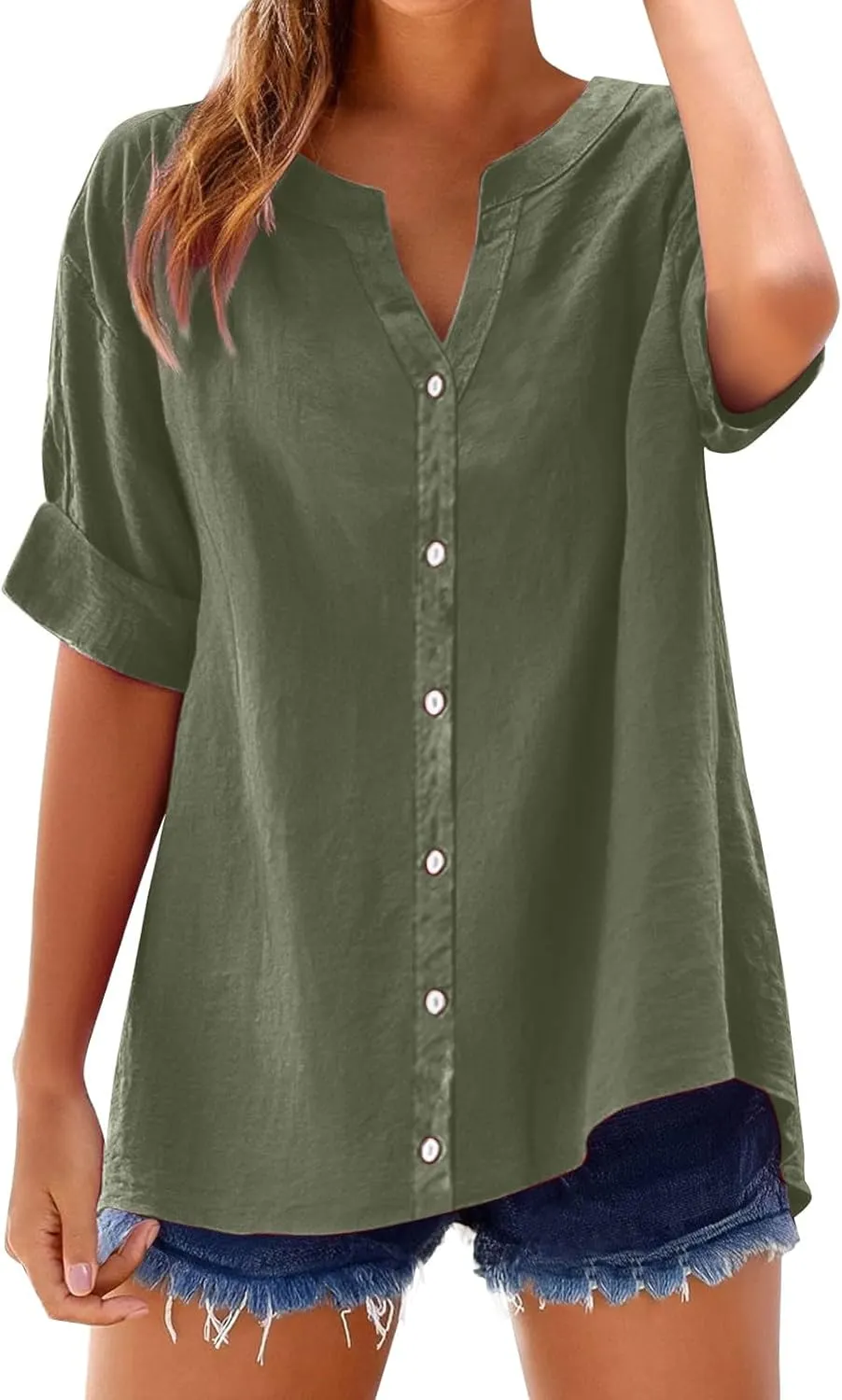 Linen Shirts for Women Summer Button Down Shirts Short Sleeve Oversized Boyfriend Solid Tunic Tops Casual Dressy Tunics