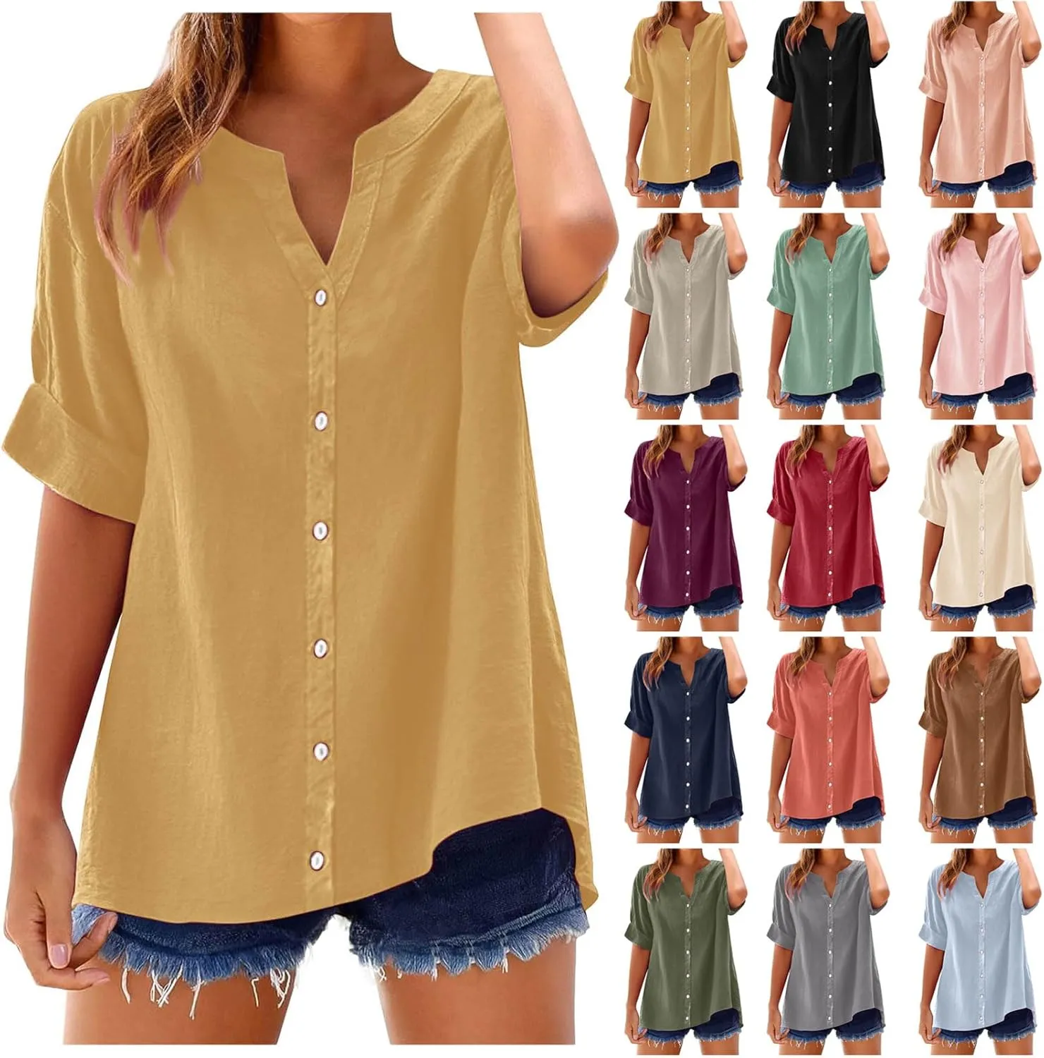 Linen Shirts for Women Summer Button Down Shirts Short Sleeve Oversized Boyfriend Solid Tunic Tops Casual Dressy Tunics