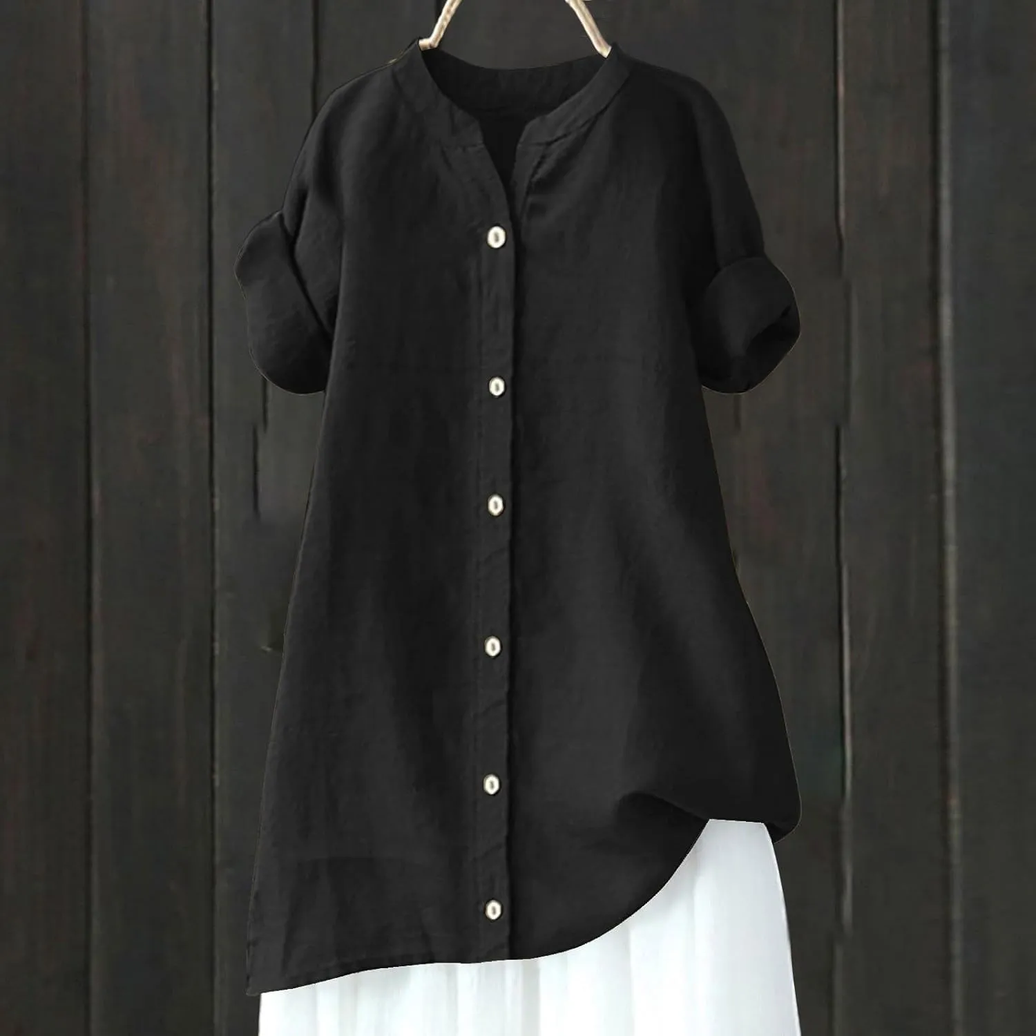Linen Shirts for Women Summer Button Down Shirts Short Sleeve Oversized Boyfriend Solid Tunic Tops Casual Dressy Tunics
