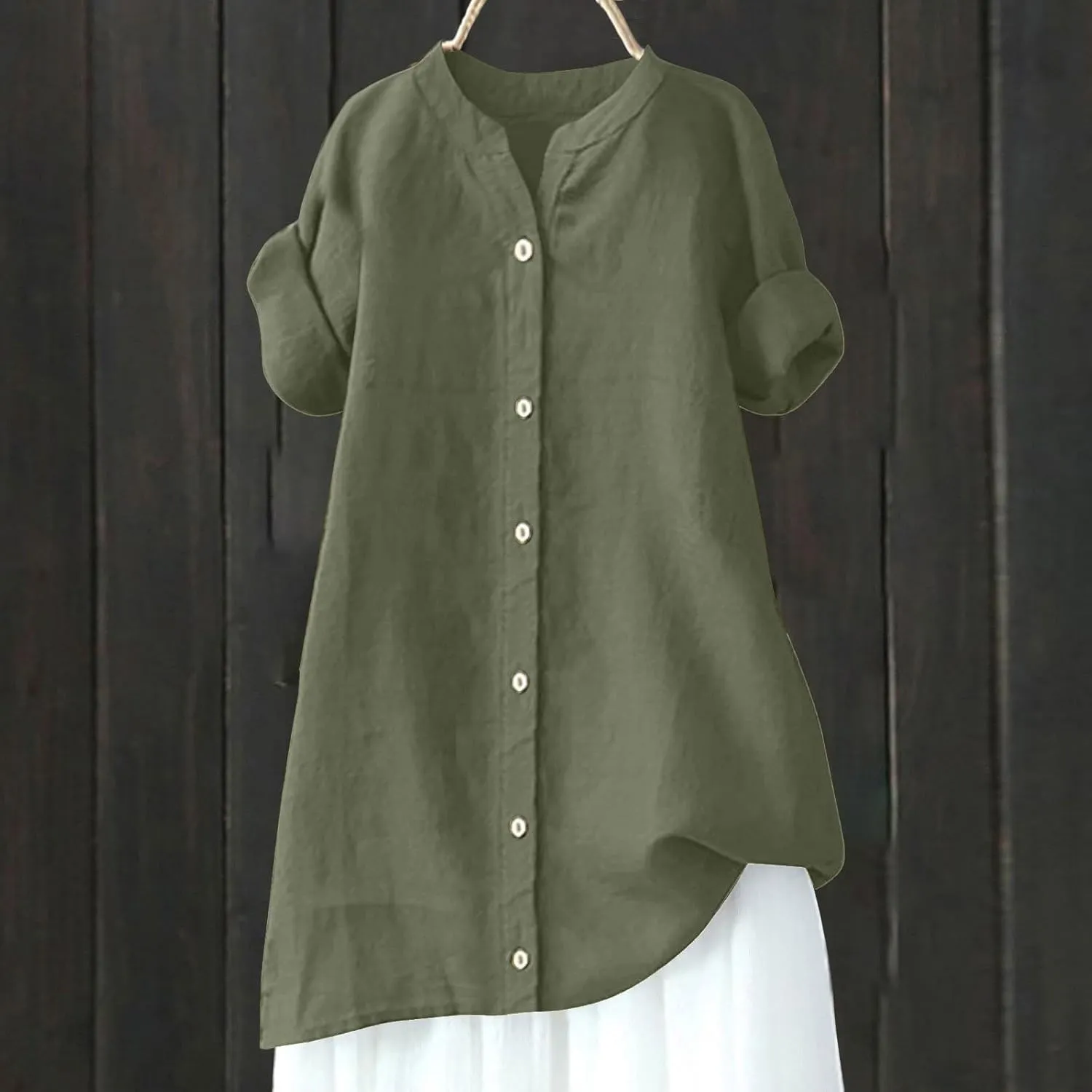 Linen Shirts for Women Summer Button Down Shirts Short Sleeve Oversized Boyfriend Solid Tunic Tops Casual Dressy Tunics