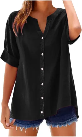 Linen Shirts for Women Summer Button Down Shirts Short Sleeve Oversized Boyfriend Solid Tunic Tops Casual Dressy Tunics