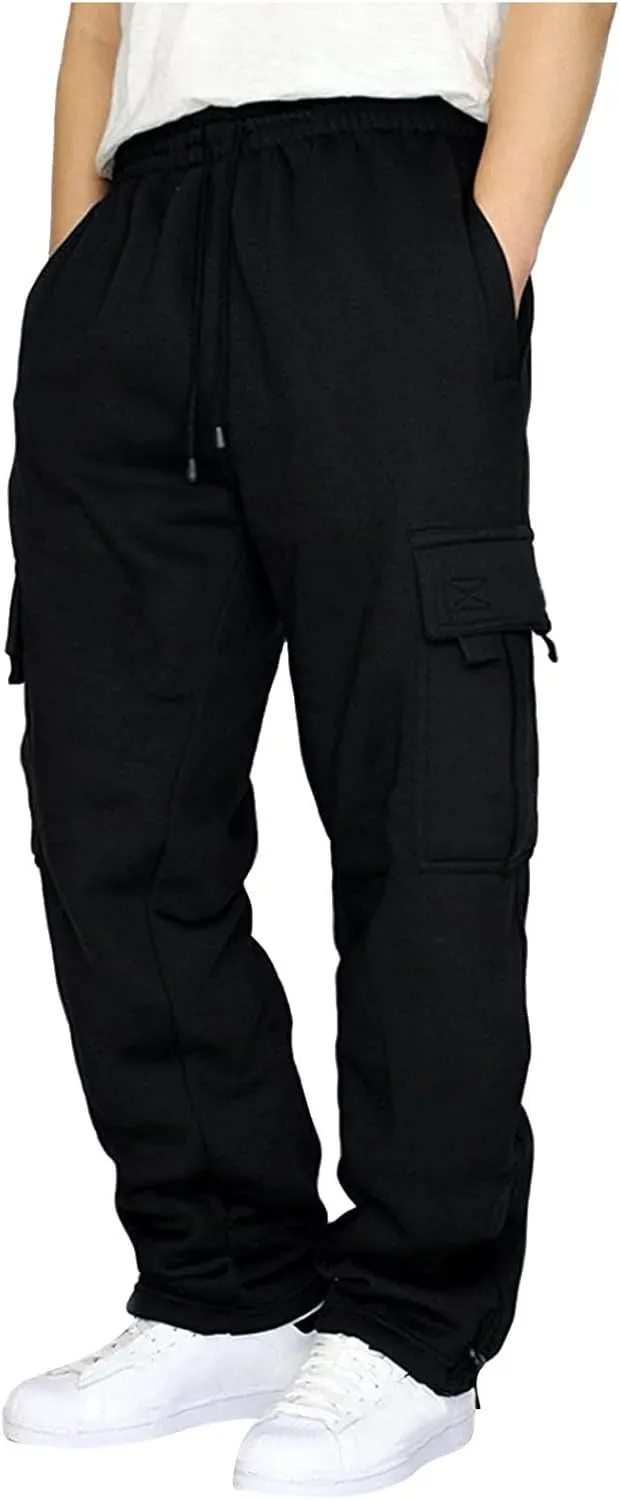 Mens Cargo Sweatpants with Multi Pockets Drawstring Elastic Waist Trousers Loose Casual Solid Color Long Pant