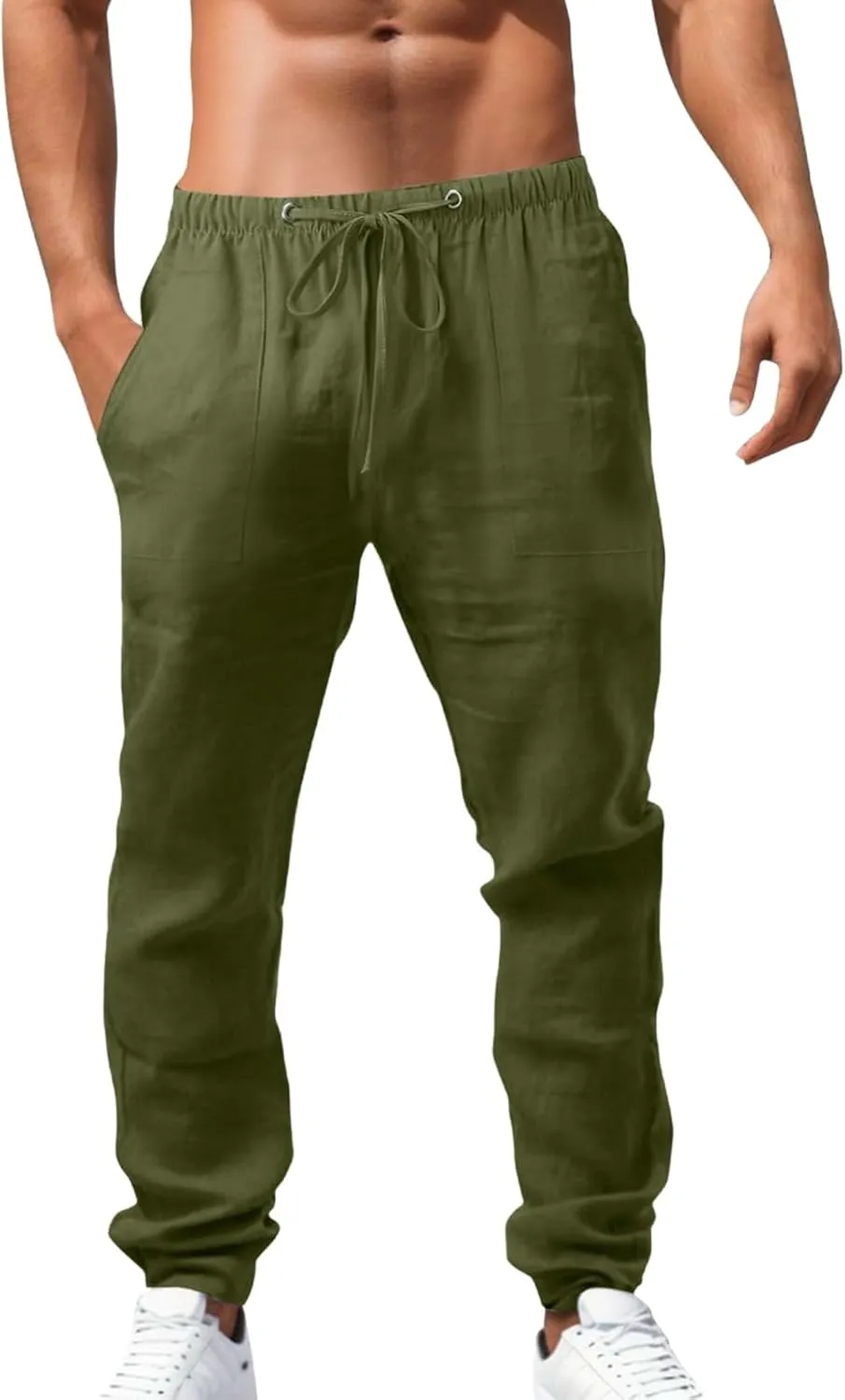 Men's Linen Pants Loose fit Elastic Waist Lightweight Cotton Pants Summer Vacation Beach with Pocket Casual Trousers