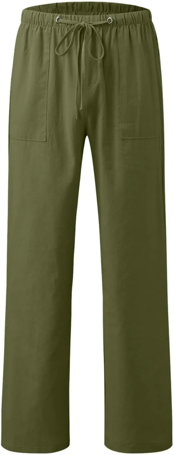 Men's Linen Pants Loose fit Elastic Waist Lightweight Cotton Pants Summer Vacation Beach with Pocket Casual Trousers