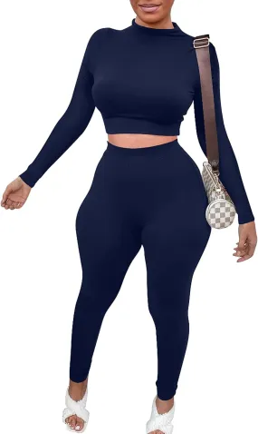 Mizoci Women's Workout 2 Piece Outfits Crop Top High Waisted Legging Pants Set Long Sleeve Track Suits Jumpsuit