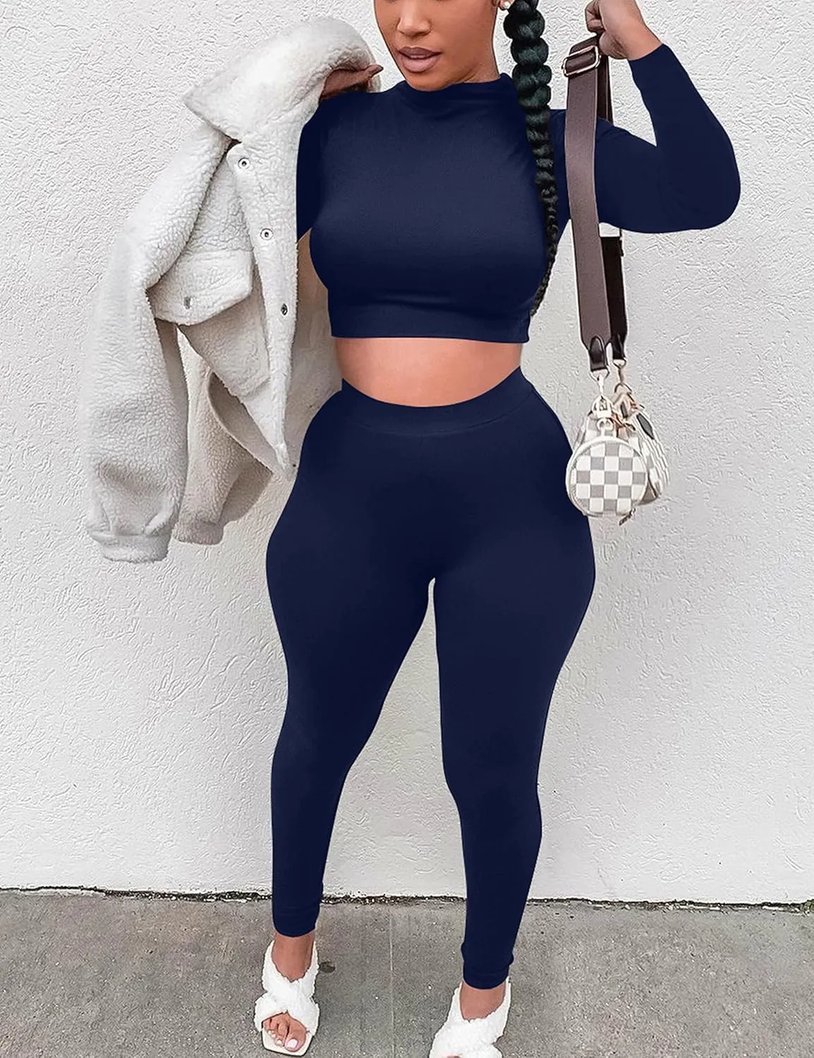 Mizoci Women's Workout 2 Piece Outfits Crop Top High Waisted Legging Pants Set Long Sleeve Track Suits Jumpsuit